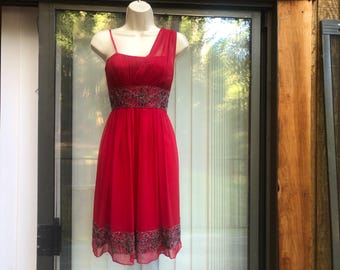 Size 6 red Adrianna Papell Evening beaded dress one shoulder formal cocktail party event