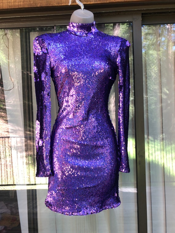 Birshka purple sequined mini dress size S tight - image 4