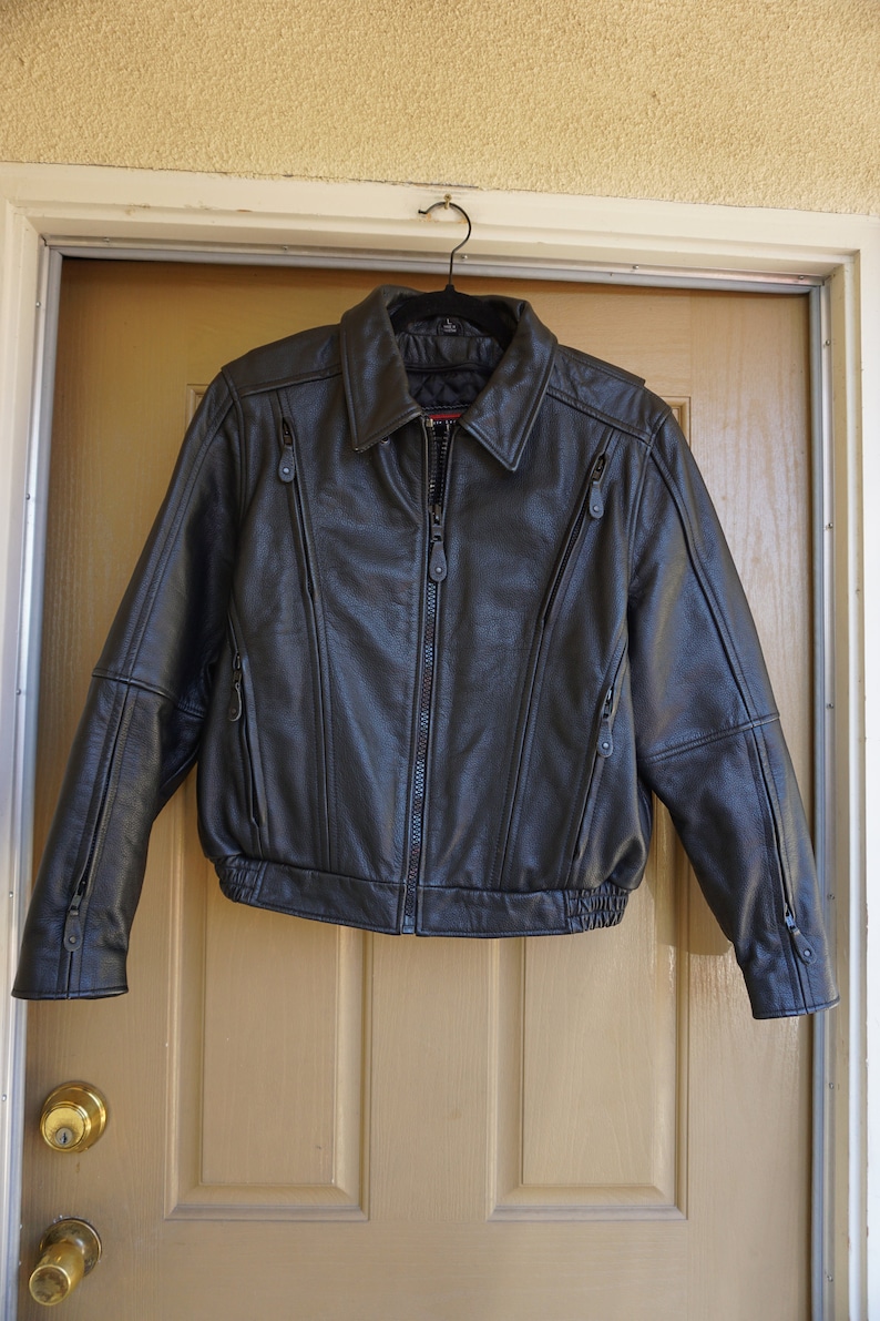Vintage Black Leather Motorcycle Biker Jacket MENS Size large 1980s 1990s 80s 90s L By First Leather