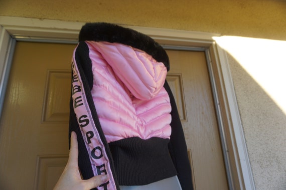Bebe Sport Pink And Black Down Puffer Cropped Jacket Size Etsy