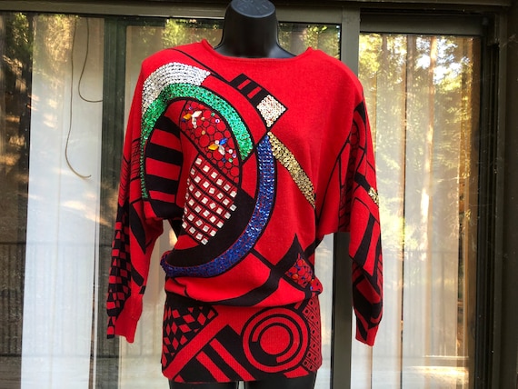 Vintage sequined abstract sweater size Medium bat… - image 3