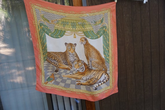 Salvadore Ferragamo scarf vintage large cats wild tiger cheetah