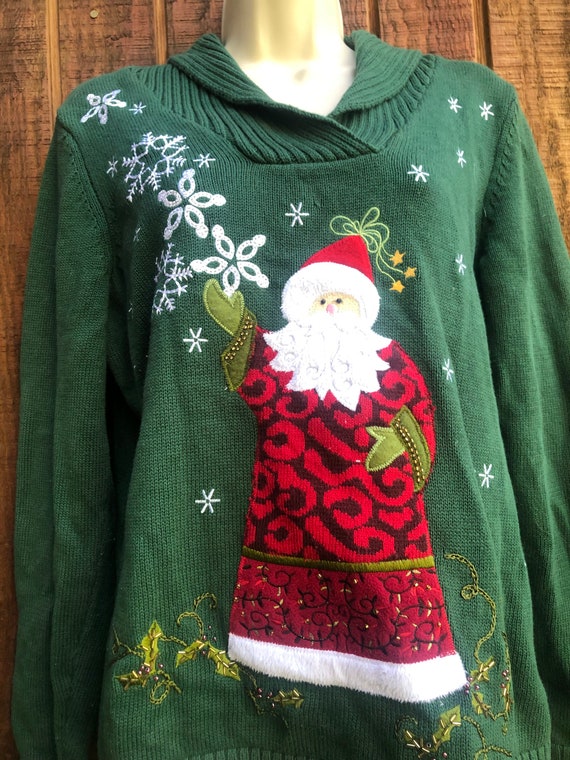 Christmas knit sweater green with Santa size smal… - image 8