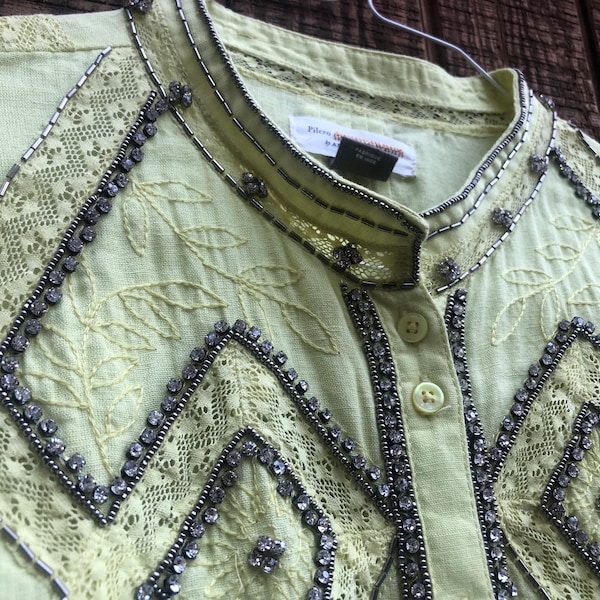 Yellow with green hues sparkly rhinestone long sleeves blouse size XL fits more like large
