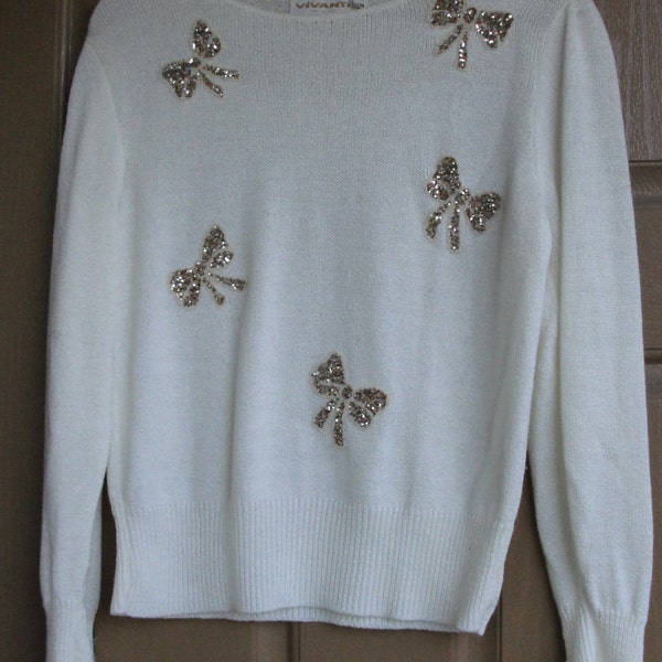 Vintage 80s 90s sparkly glitter bows knit sweater medium size 10 by Vivanti made in USA white with gold sparkles