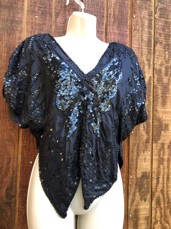 Vintage 1990s sequined solid black butterfly top … - image 2