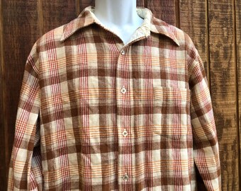 Virgin wool size XL shirt Pendleton plaid button up shirt brown beige warm rugged outerwear lumberjack