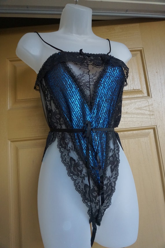 Blue and Black Teddy  lingerie Size Small Shimmer… - image 4