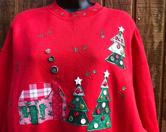 Vintage red handmade sweatshirt sweater Christmas size XXL with button decor