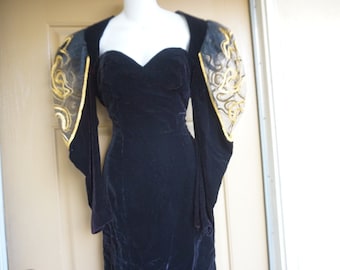 Puffy sheer sleeves 1980s 80s black velvet dress made by Climax  size 9 / 10 medium