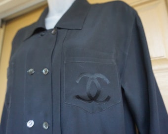 Chanel black button front blouse designer button up shirt career wear with pockets