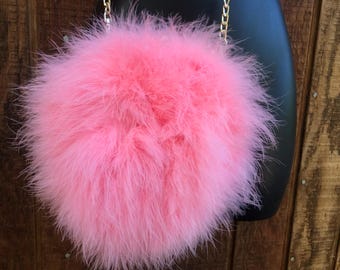 Crossbody marabou feather pink purse long chain handle strap shoulder bag cross body
