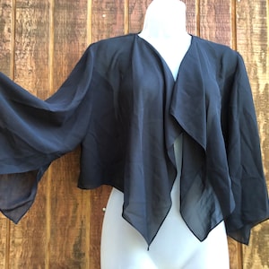 black sheer shrug 80s draped cocoon batwing jacket duster short sleeve disco clothing oversize baggy slouchy  Large