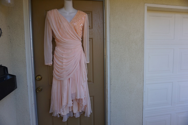 Tadashi 80s ruched chiffon sheer sequined black dress with shoulder pads size 12 L Large