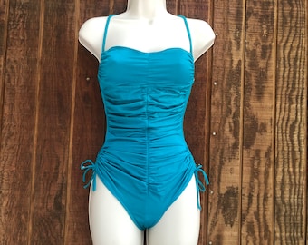 RUSHED one piece COLE swimsuit bathing suit swimwear size 8 medium 90s 1990s tropical solid blue