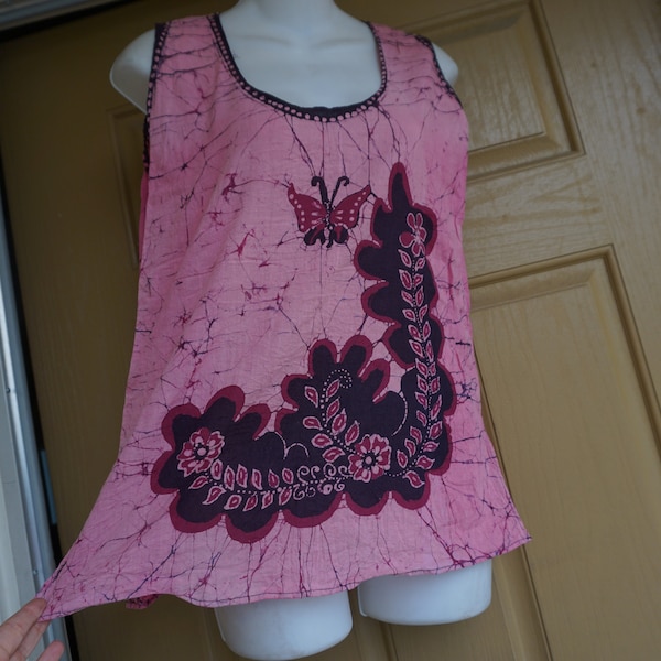 Batik pink floral tank top sleeveless shirt, fits size Medium