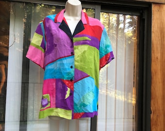 Silk button front blouse size large by PIANO colorful fun shirt top