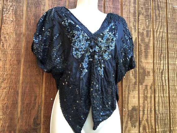 Vintage 1990s sequined solid black butterfly top … - image 1