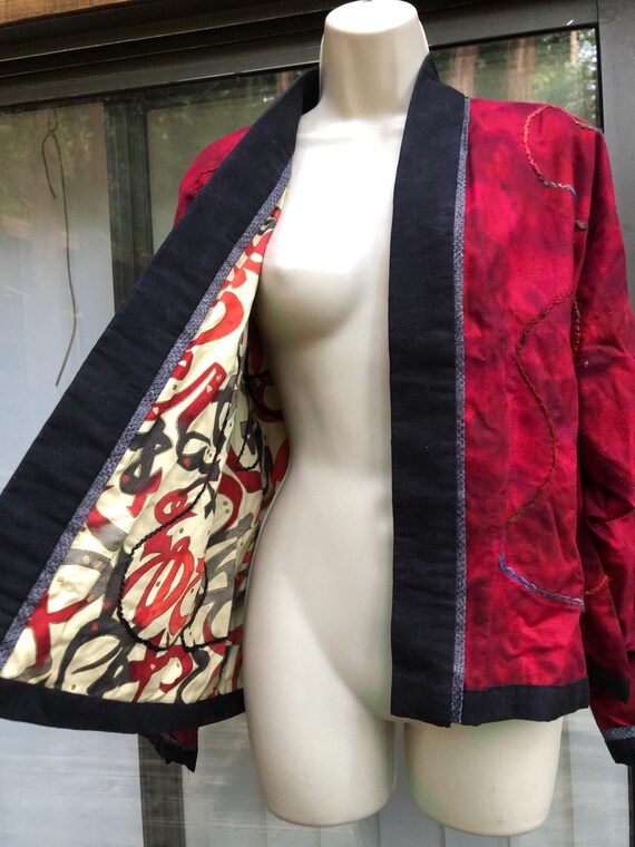 Reversable jacket open front fun unique red embro… - image 5
