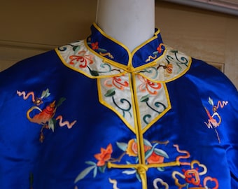 1950s Asian blue Satin Jacket Shirt Vintage 50s Embroidered Jacket Wearable Art Textile floral embroidery