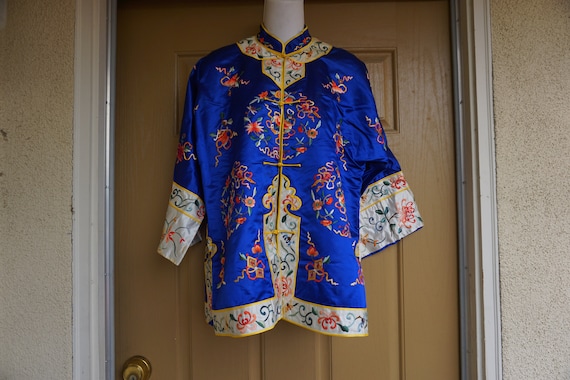 1950s Asian blue Satin Jacket / Shirt Vintage 50s… - image 1