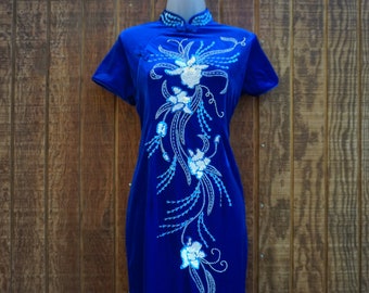 XL Asian inspired dress size XL extra large blue velvet cheongsam dress with white sequins