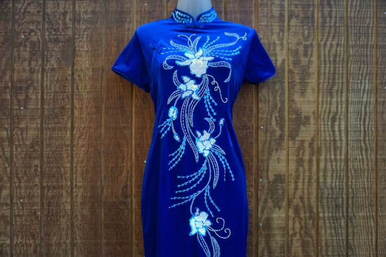 XL Asian inspired dress size XL extra large blue velvet cheongsam dress with white sequins image 1