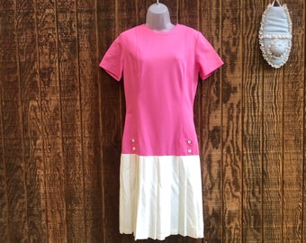 Vintage 1960s pink and white short mod dress with drop waist and back metal zipper 60s large