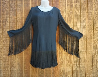 Vintage 60s or 70s fringe black dress medium to large