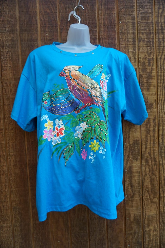 bird glitter blue Tshirt / T shirt puffy paint ma… - image 5