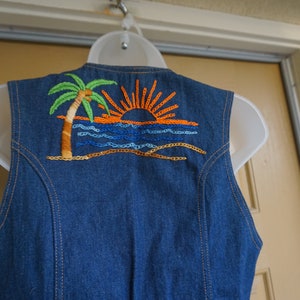 Vintage 70s womens denim jean jacket vest size small / medium 1970s embroidered image 1