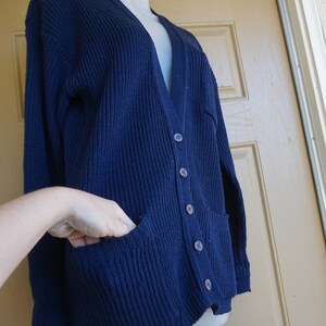 May include: Navy blue cardigan sweater with a ribbed knit texture. The sweater has a V-neck, button-up front, and two front pockets. The garment is displayed on a mannequin. A hand is reaching into one of the pockets.