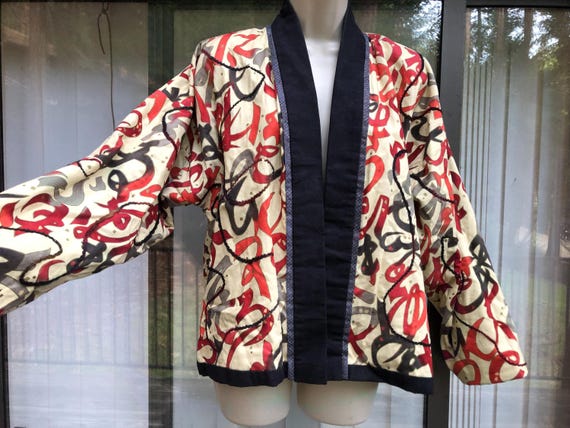 Reversable jacket open front fun unique red embro… - image 11