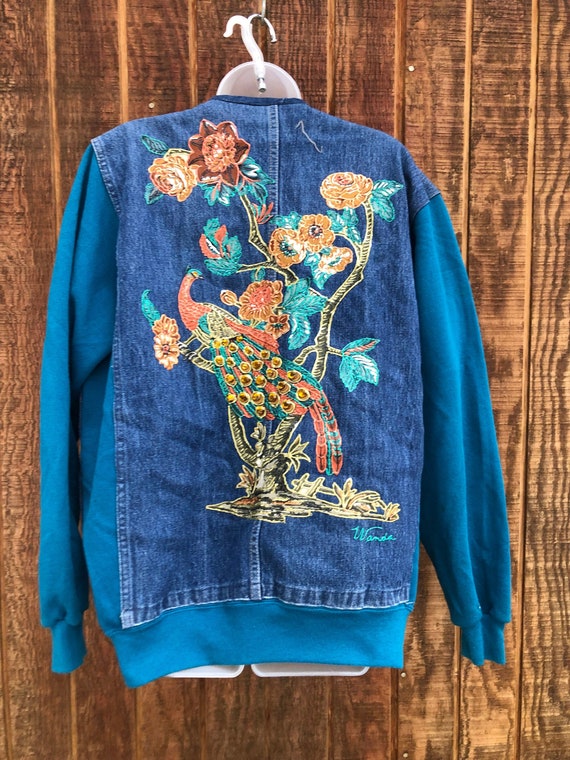 Peacock painted upcycled hand made denim / sweater