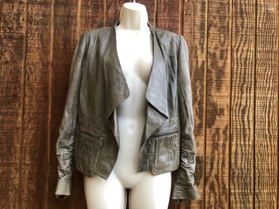 Thin leather jacket size small open front green - image 1