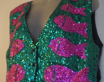 Vintage sequined / vest  /  sparkly medium  extra colorful  80s 90s 1980s 1990s  womens
