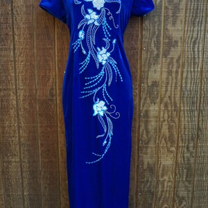 XL Asian inspired dress size XL extra large blue velvet cheongsam dress with white sequins image 4