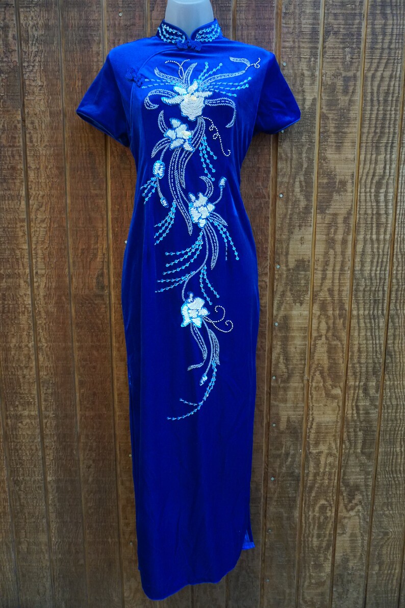 XL Asian inspired dress size XL extra large blue velvet cheongsam dress with white sequins image 4