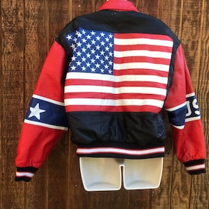 Black Leather Jacket MENS Size small 90s  American flag USA by Where M I    Michael Hoban