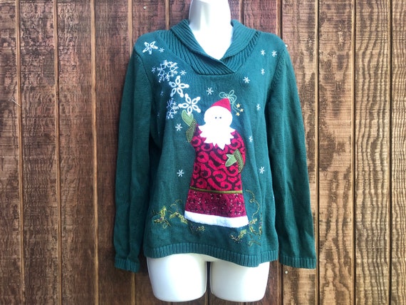 Christmas knit sweater green with Santa size smal… - image 3