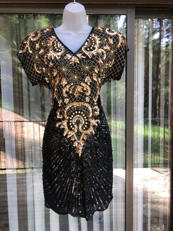 Damaged sequined sparkly gold and black dress par… - image 3