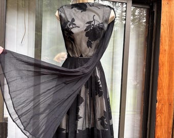Vintage 1950s dress with back metal zipper 50s medium floral with sheer overlay