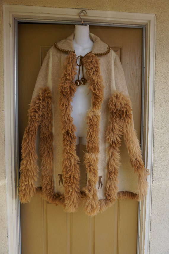 Alpaca fur trim Vintage wool blanket poncho cape … - image 1