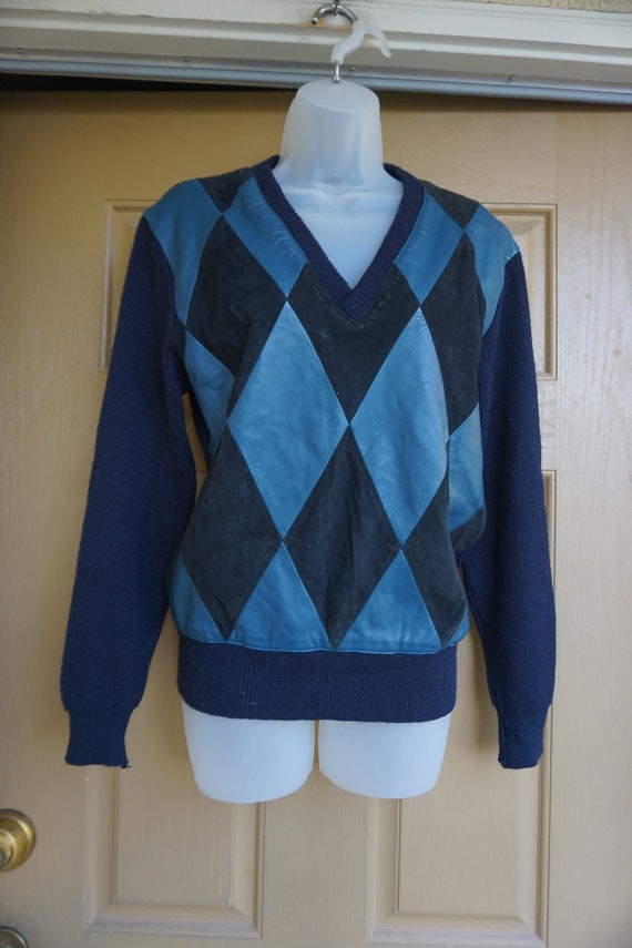 Suede and leather knit Sweater blue Made in Italy 