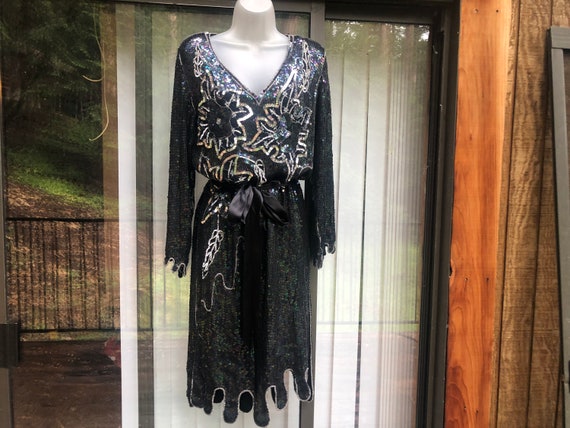 Vintage long sleeve sparkly beaded dress size Med… - image 1
