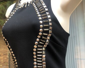 bebe black studded dress BEBE Black Silver Studded Peplum Cocktail Mjni Dress – ABBY ESSIE main image 0