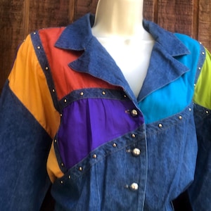Size 14 Vintage denim dress size XL by d.Frank 80s 90s 1990s made in USA colorblock color block