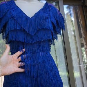 Vintage 80s 1980s  fringe flapper dress size medium blue