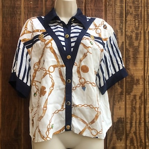 Vintage 1990s Nautical navy blue striped shirt with collar neckline and gold buttons