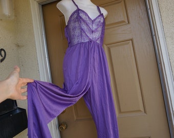 Purple Romper nighty nightgown sheer lace bodice maxi medium romantic lace pants